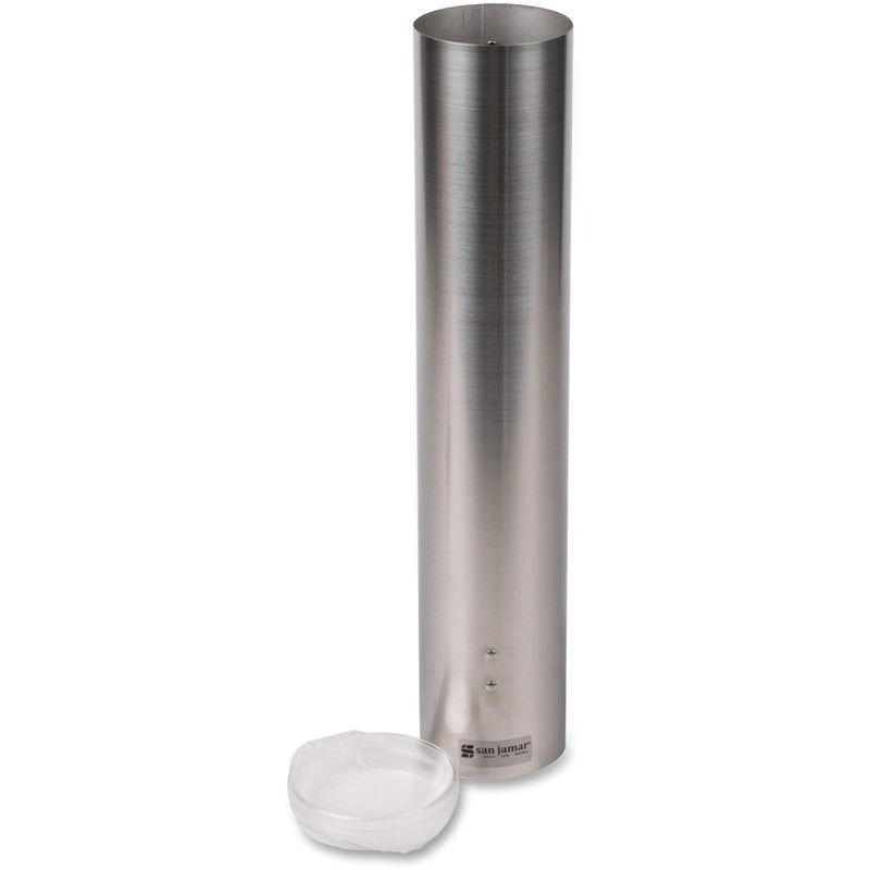San Jamar Small Pull-Type Cup Dispenser Fits 3-4.5 Oz Cone Cups, 3-5 Oz Flat Cups with Flip Caps for Restaurants, Dining Halls, and Fast Food, Stainless Steel, 16 Inches, Silver - Image 1